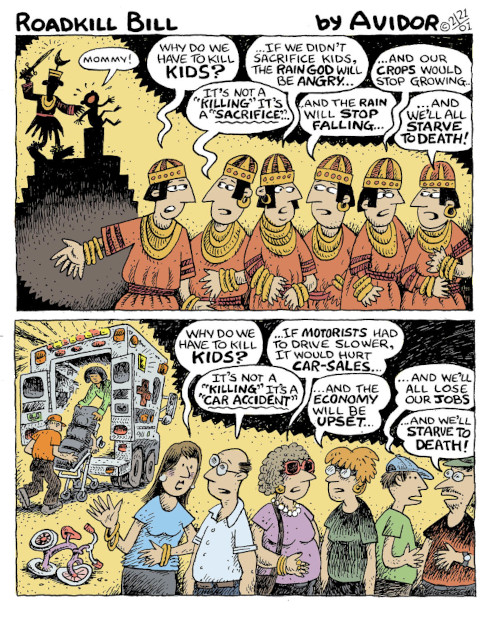 Une bande dessinée où on compare le sacrifice d'enfants des Astecs, avec les morts d'enfants sur la route